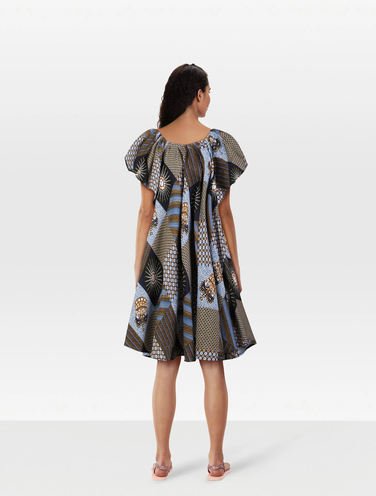 BLUE PATCHWORK OFF THE SHOULDER DRESS