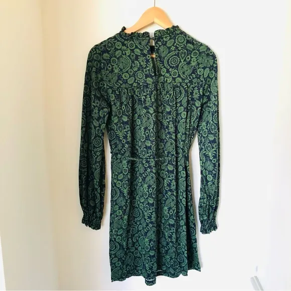 Boden Green and Blue Paisley Long Sleeve Jersey Mini Dress w/ Tie Belt Women’s 4
