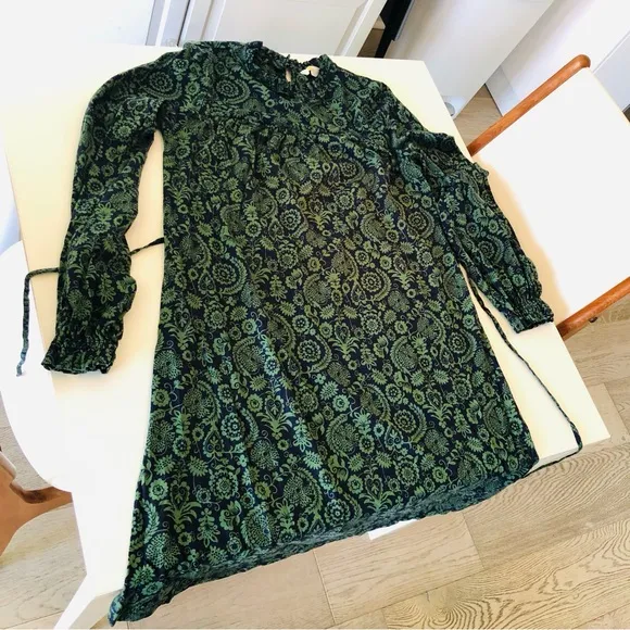 Boden Green and Blue Paisley Long Sleeve Jersey Mini Dress w/ Tie Belt Women’s 4