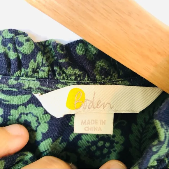 Boden Green and Blue Paisley Long Sleeve Jersey Mini Dress w/ Tie Belt Women’s 4