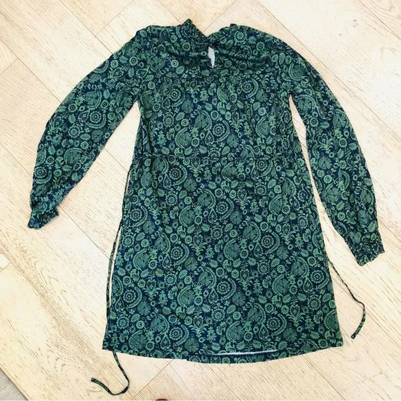 Boden Green and Blue Paisley Long Sleeve Jersey Mini Dress w/ Tie Belt Women’s 4