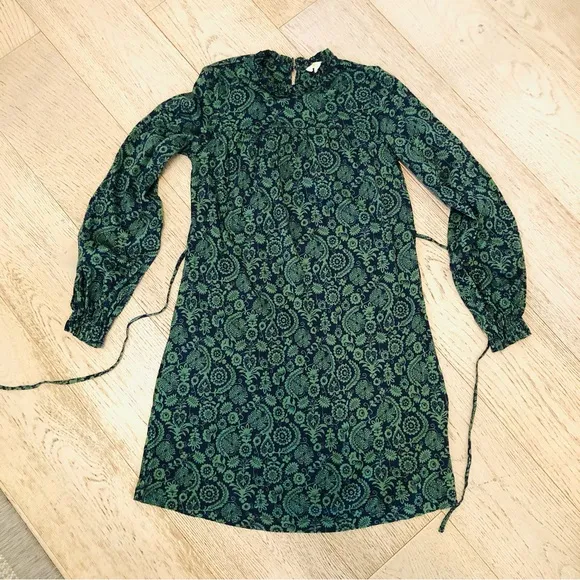 Boden Green and Blue Paisley Long Sleeve Jersey Mini Dress w/ Tie Belt Women’s 4