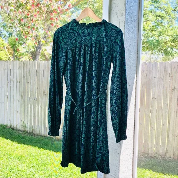 Boden Green and Blue Paisley Long Sleeve Jersey Mini Dress w/ Tie Belt Women’s 4