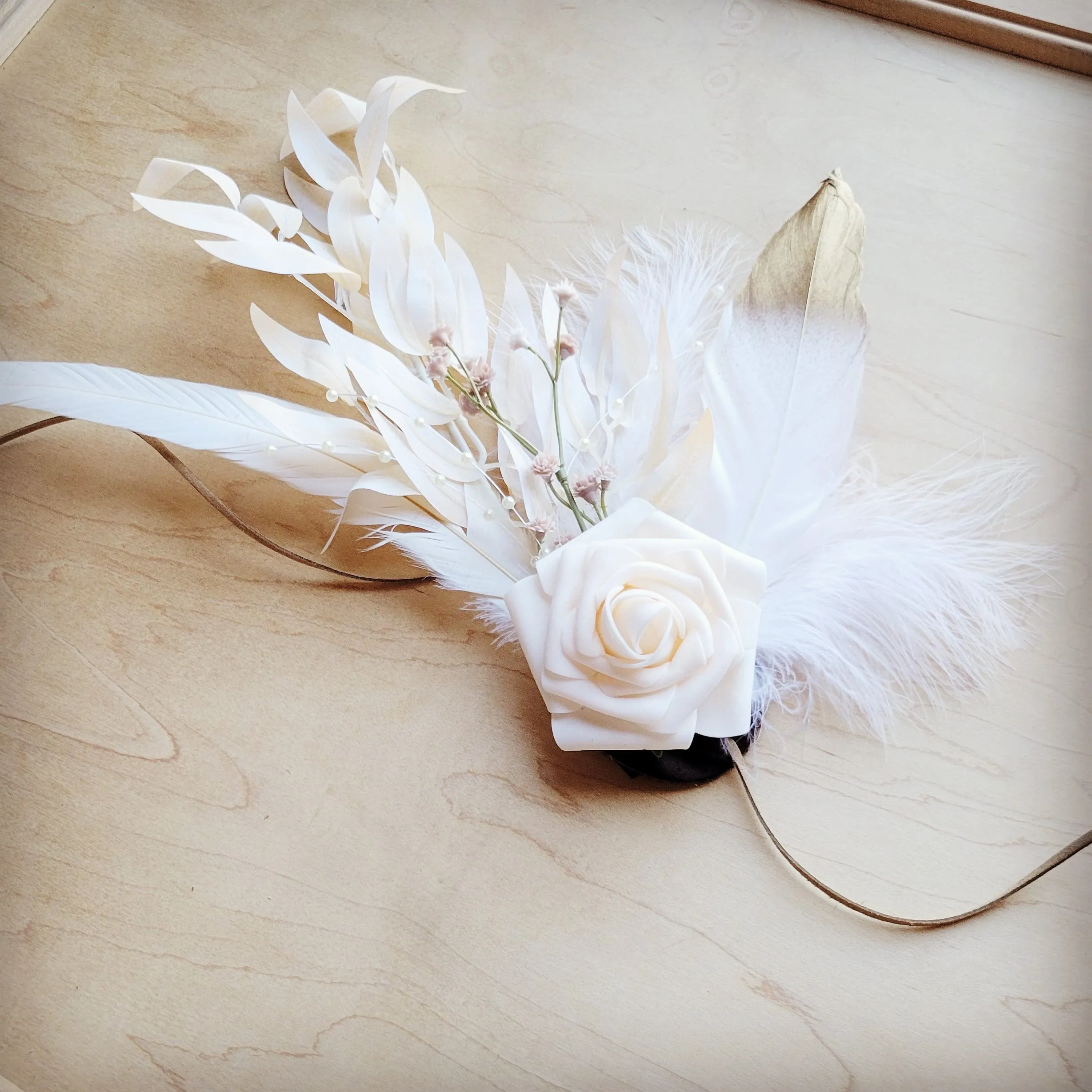 Boho Western Wedding Floral & Feather Bridal Hat in Tan 984k