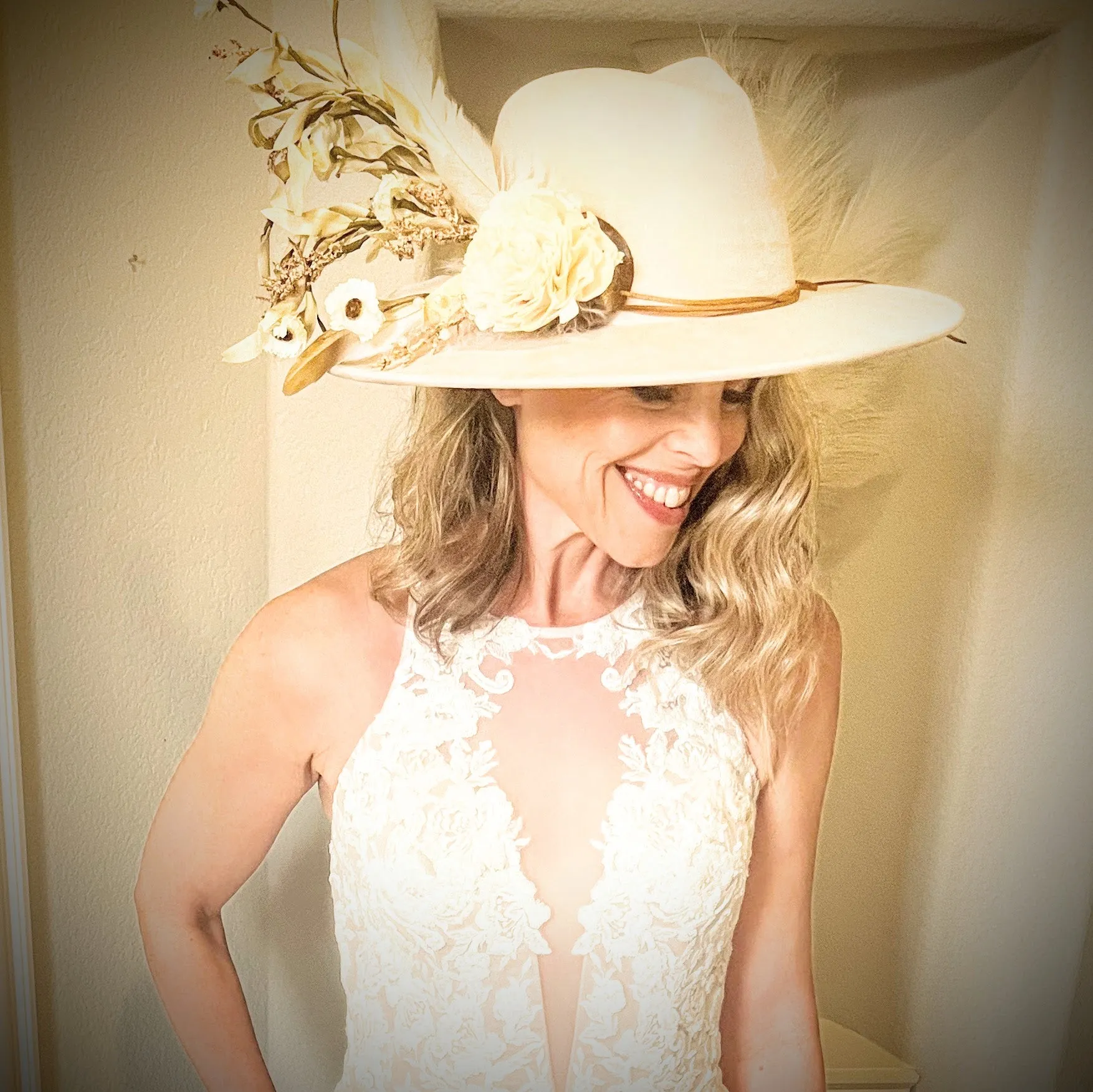 Boho Western Wedding Floral & Feather Bridal Hat in Tan 984k