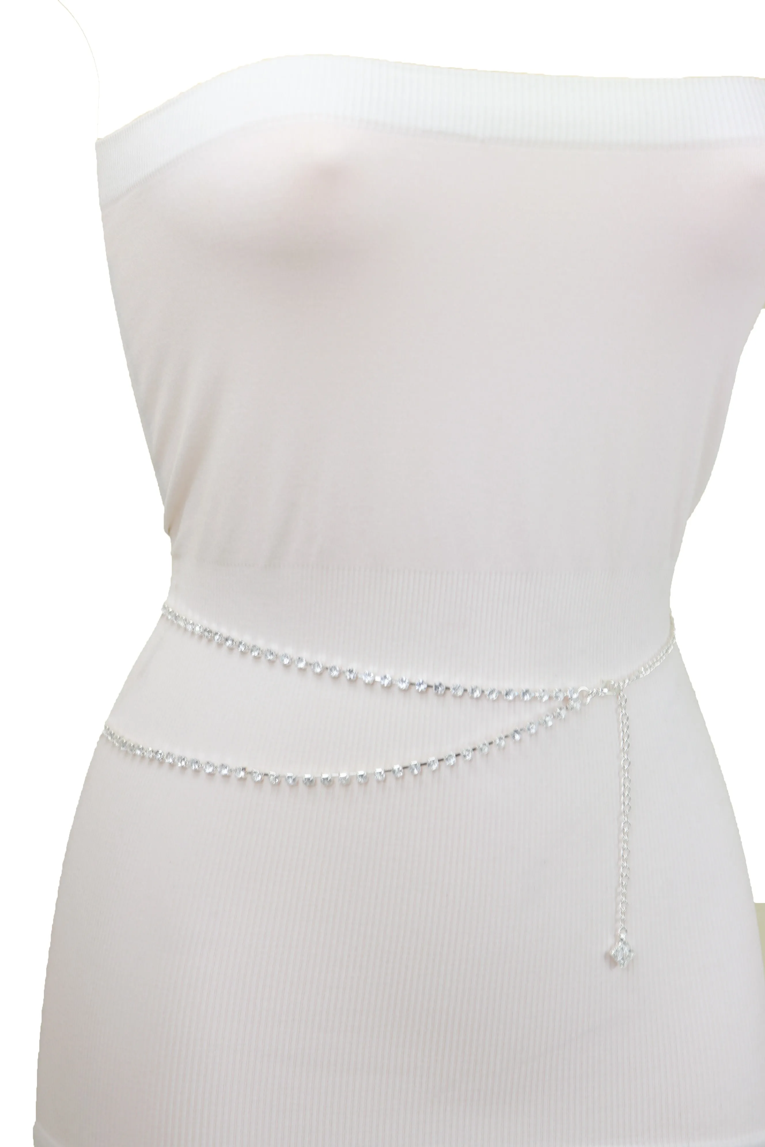 Brand New Women Silver Metal Chain Wave Rhinestones Belt Hip Waist Size XS S M