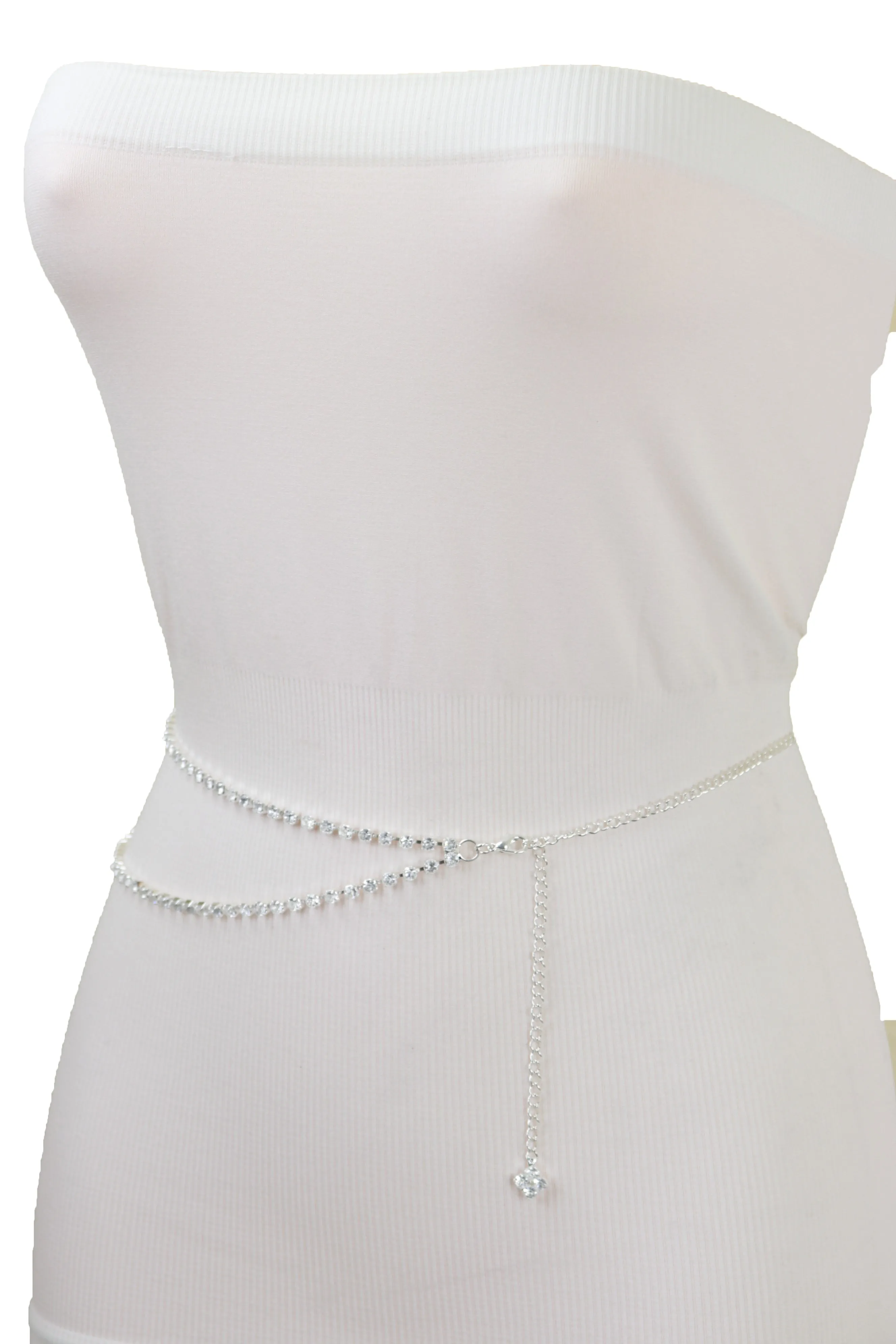 Brand New Women Silver Metal Chain Wave Rhinestones Belt Hip Waist Size XS S M