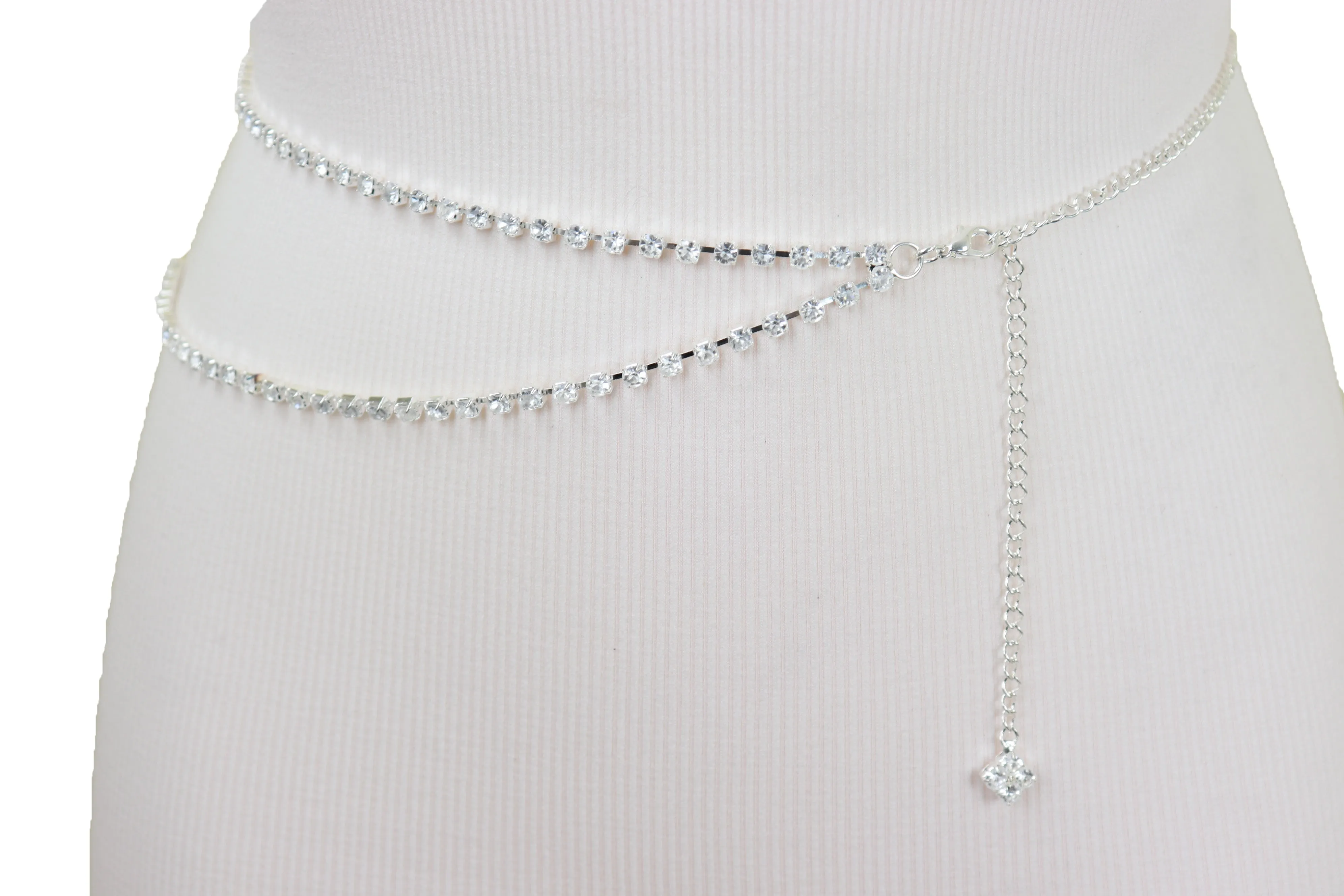 Brand New Women Silver Metal Chain Wave Rhinestones Belt Hip Waist Size XS S M