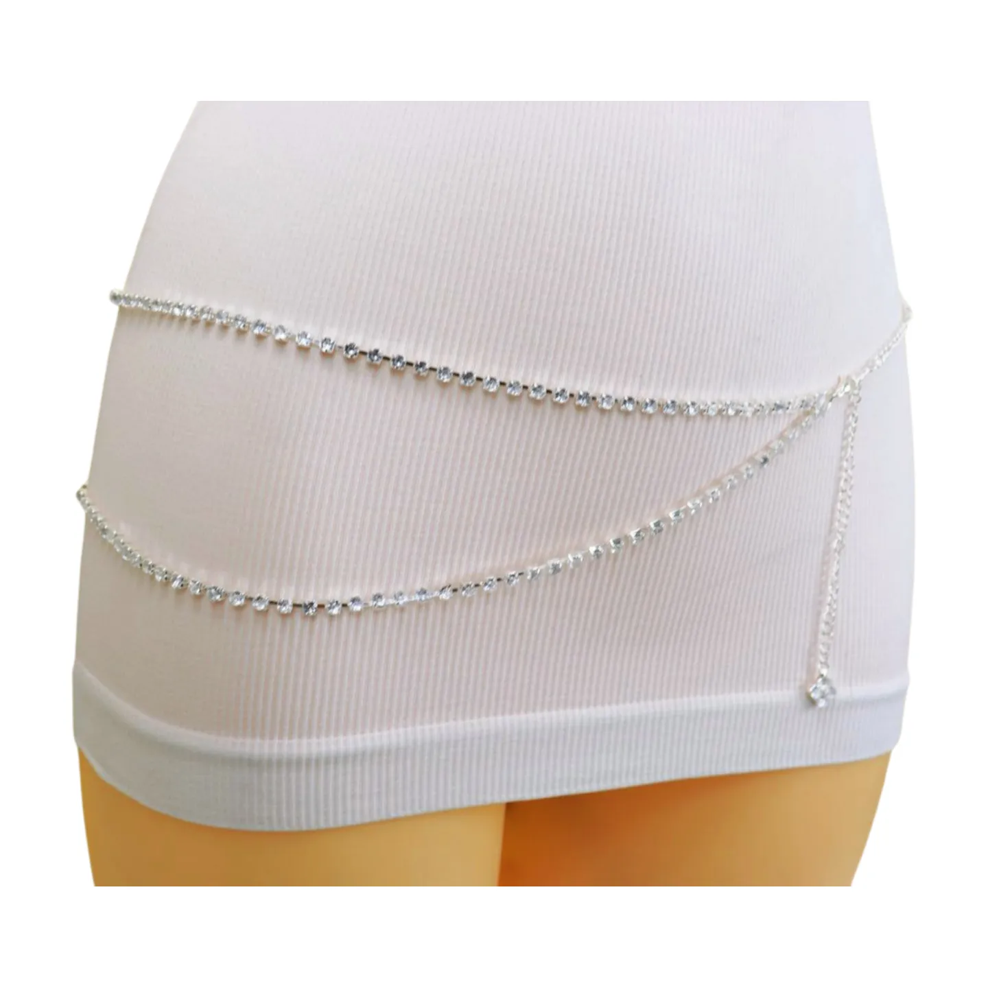 Brand New Women Silver Metal Chain Wave Rhinestones Belt Hip Waist Size XS S M