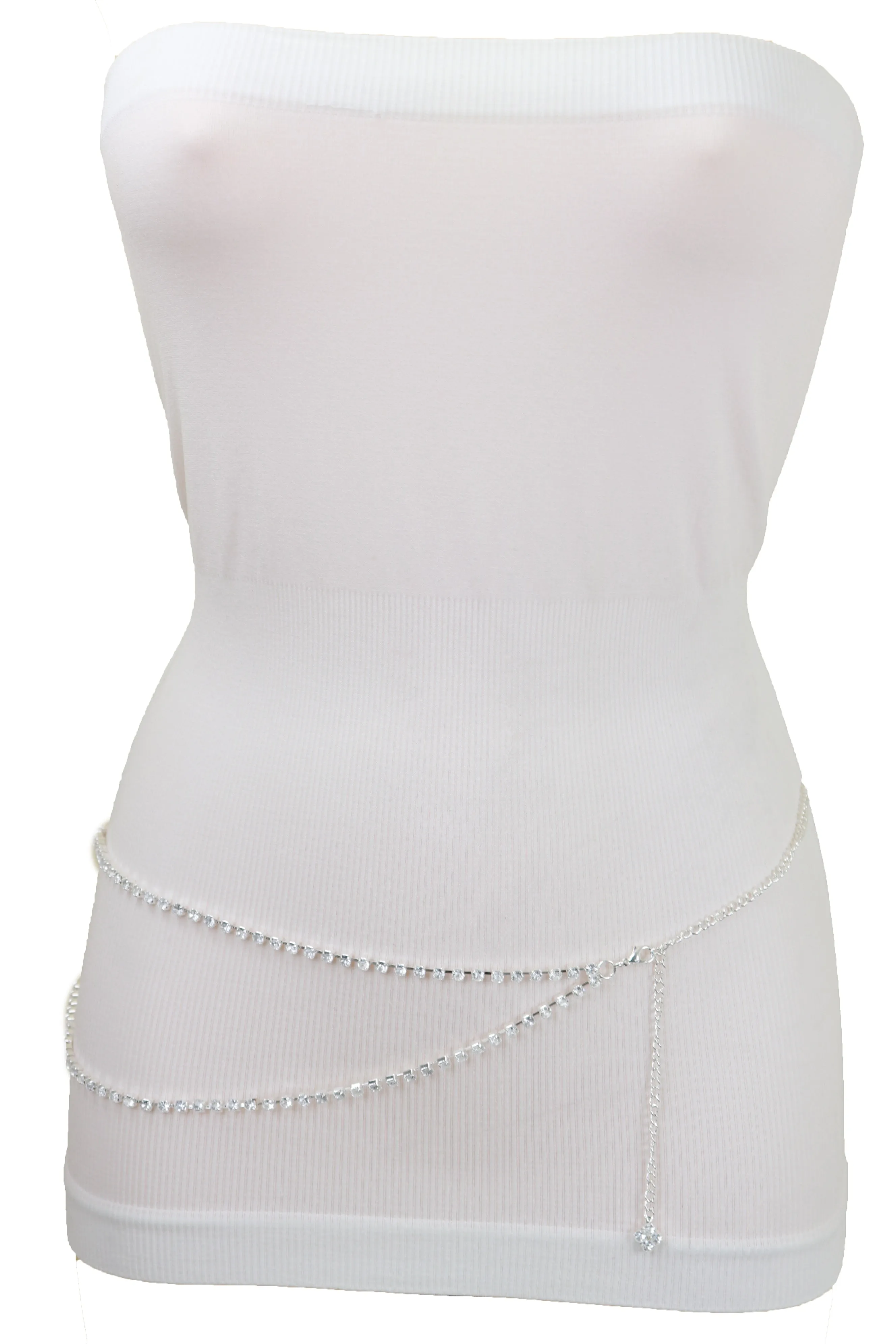Brand New Women Silver Metal Chain Wave Rhinestones Belt Hip Waist Size XS S M