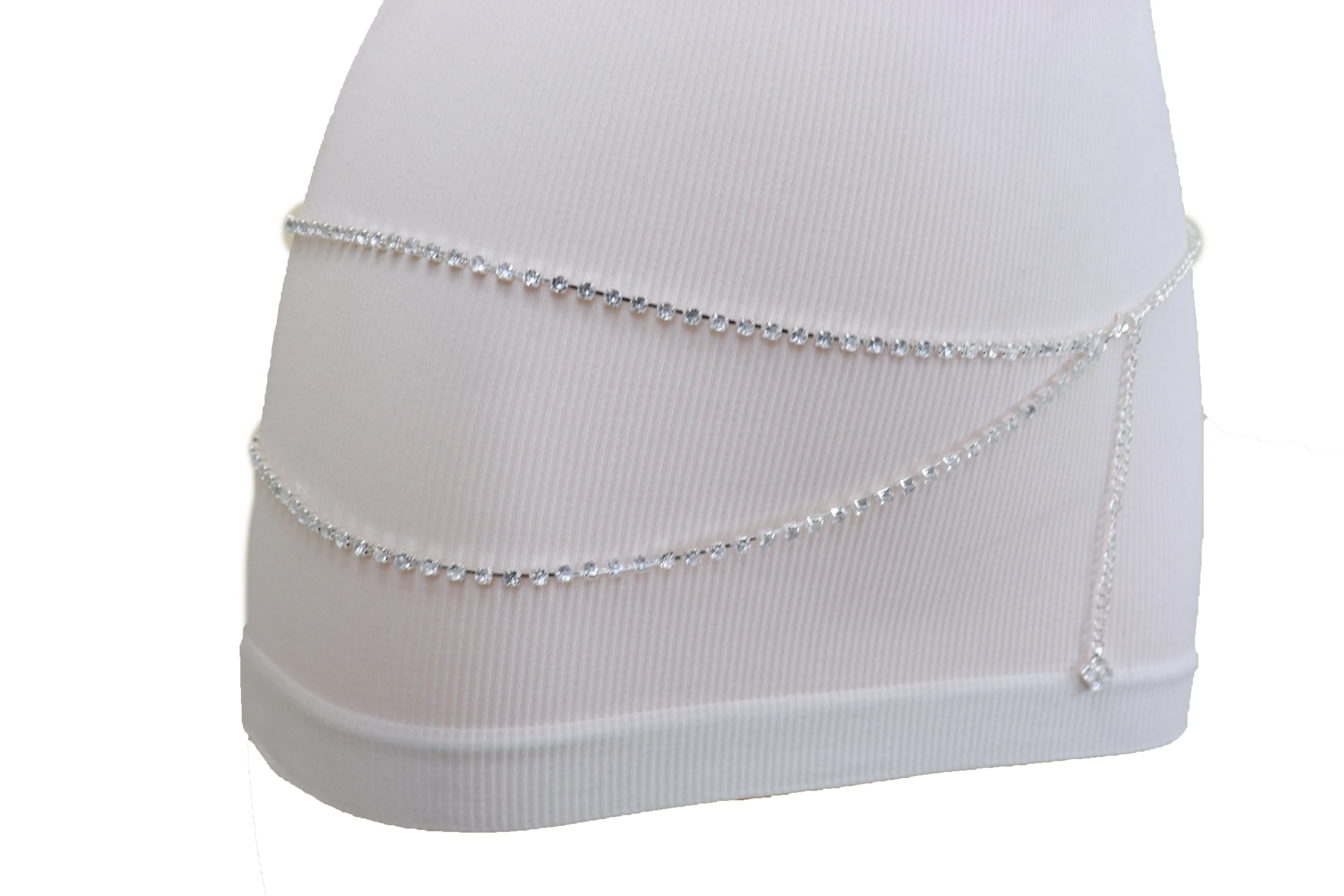 Brand New Women Silver Metal Chain Wave Rhinestones Belt Hip Waist Size XS S M