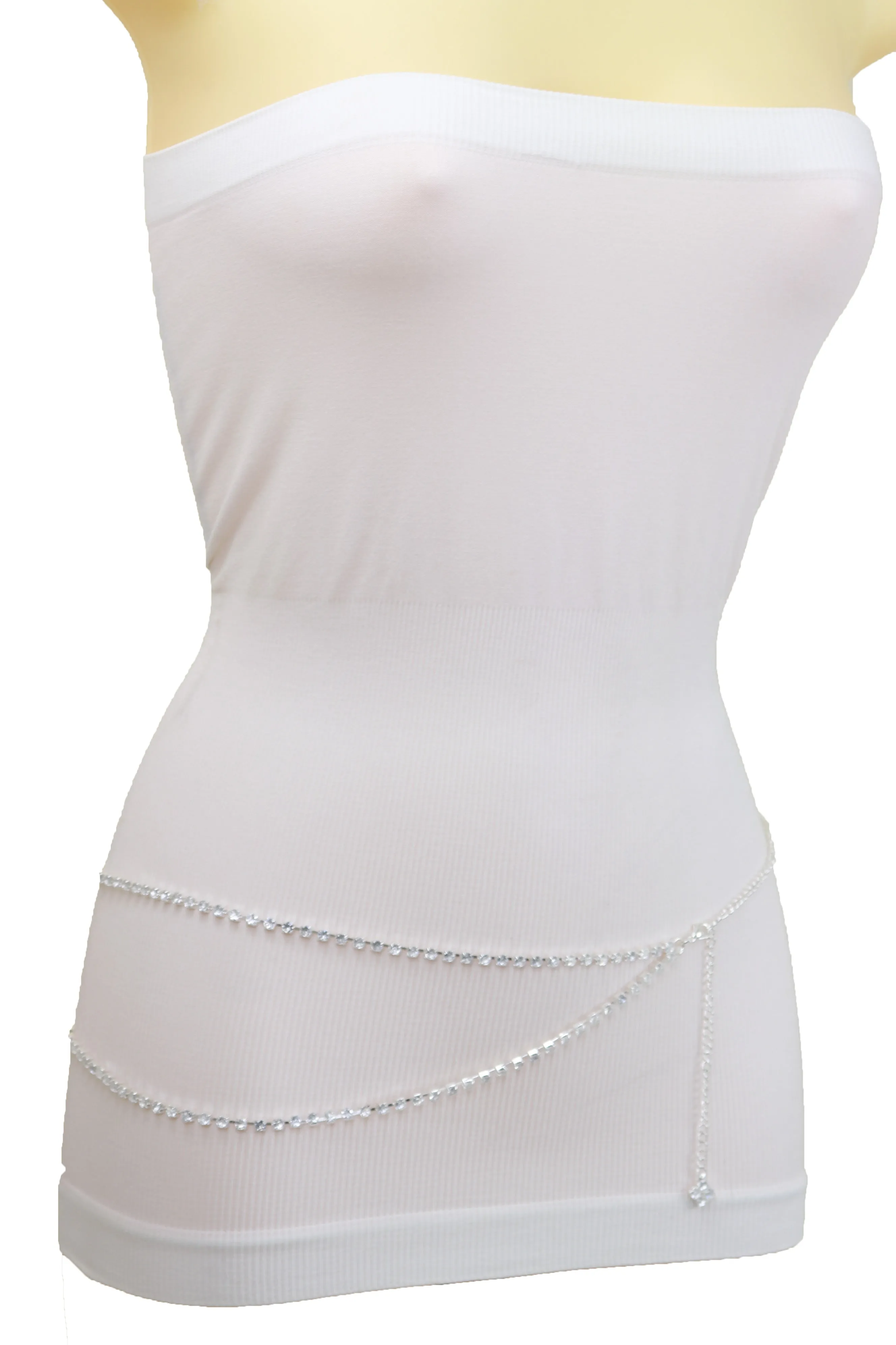 Brand New Women Silver Metal Chain Wave Rhinestones Belt Hip Waist Size XS S M