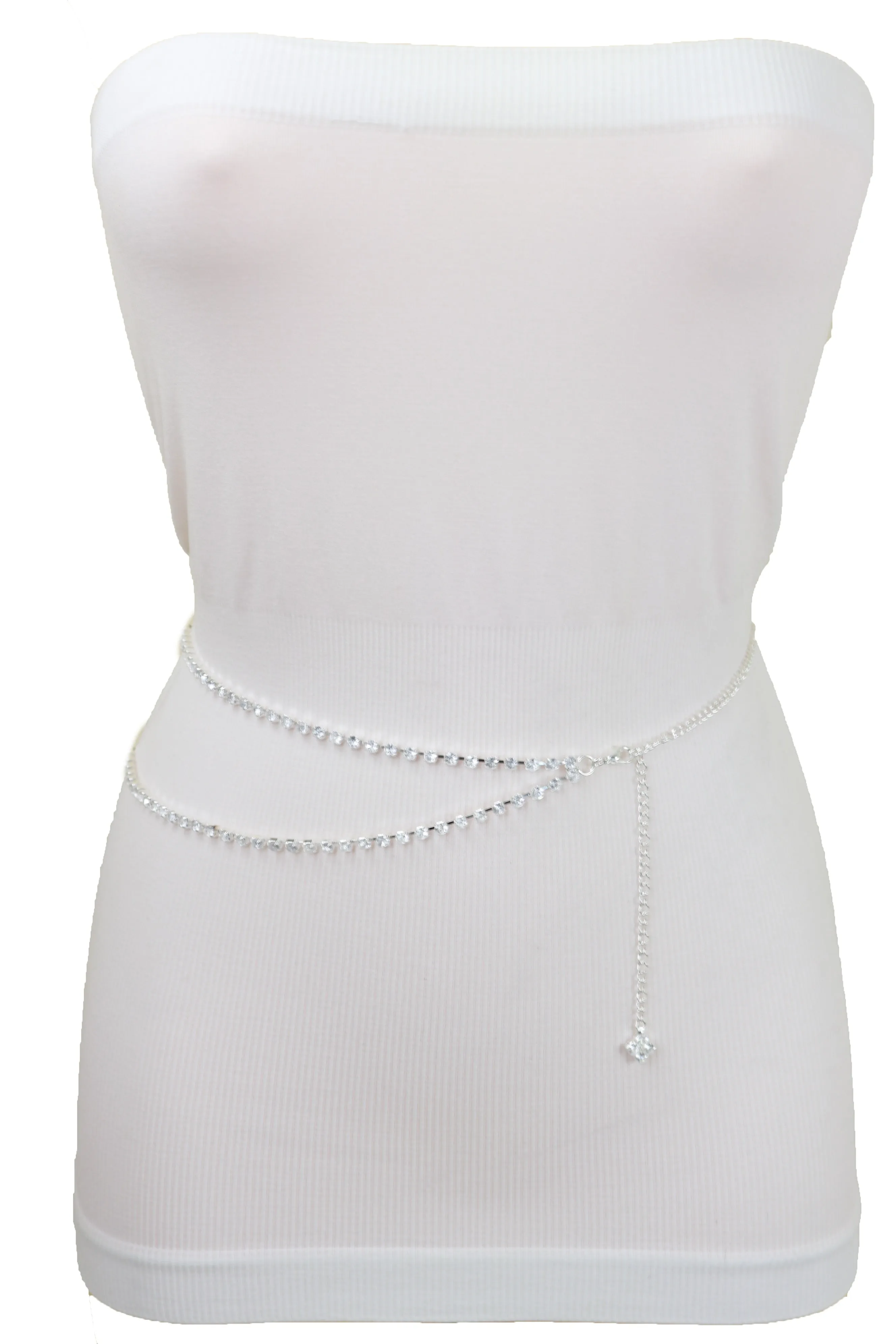 Brand New Women Silver Metal Chain Wave Rhinestones Belt Hip Waist Size XS S M