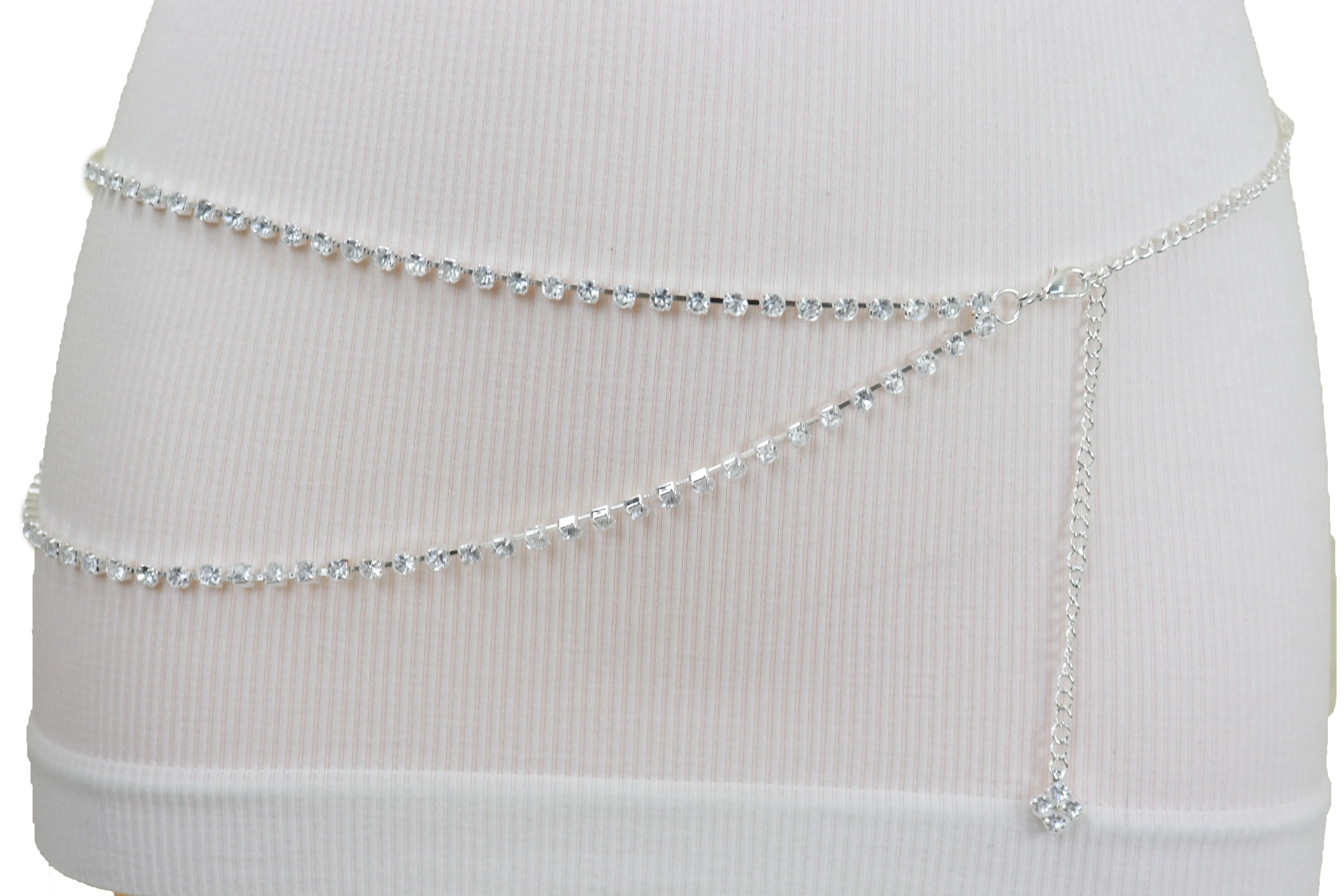 Brand New Women Silver Metal Chain Wave Rhinestones Belt Hip Waist Size XS S M