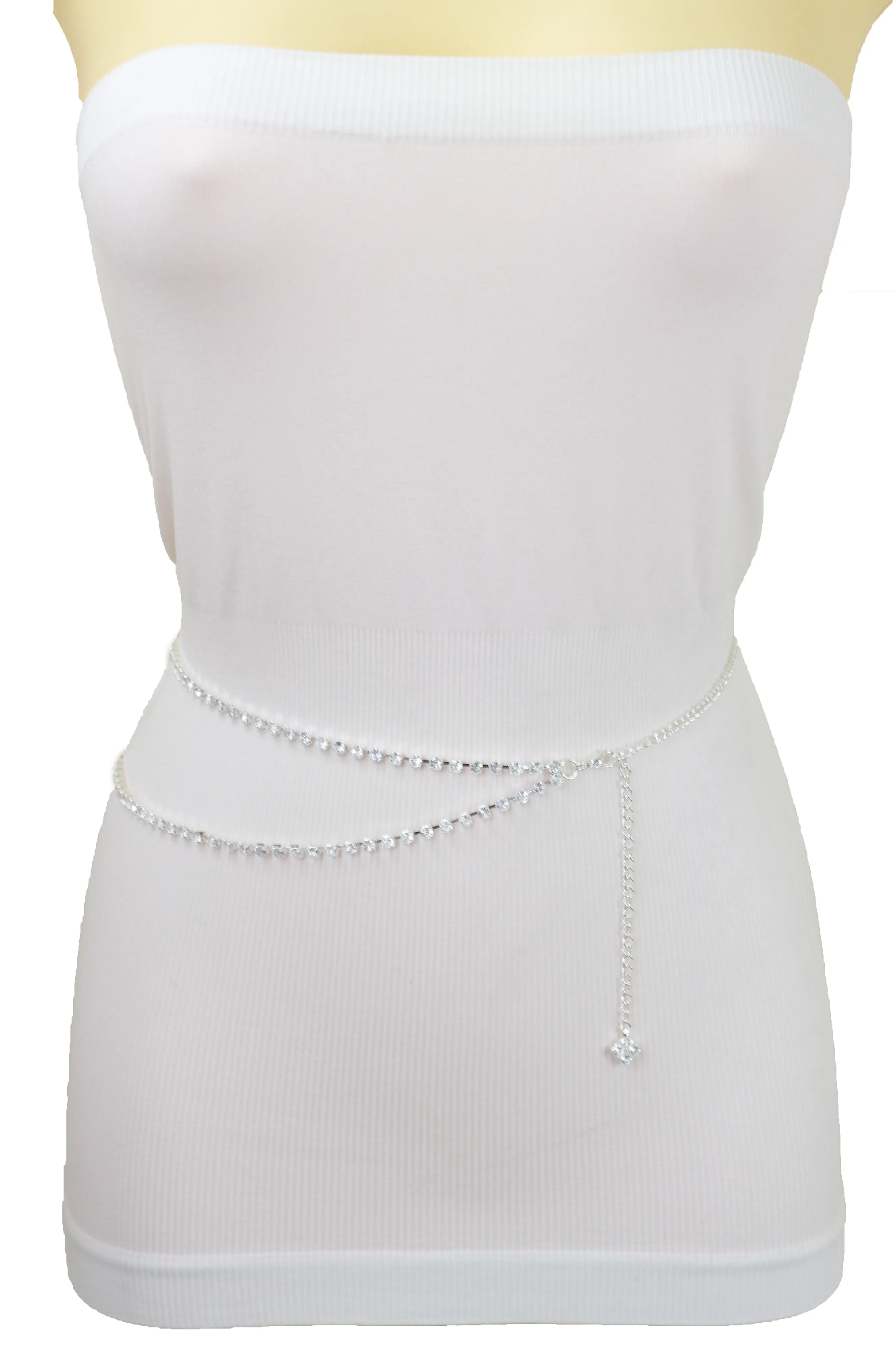Brand New Women Silver Metal Chain Wave Rhinestones Belt Hip Waist Size XS S M