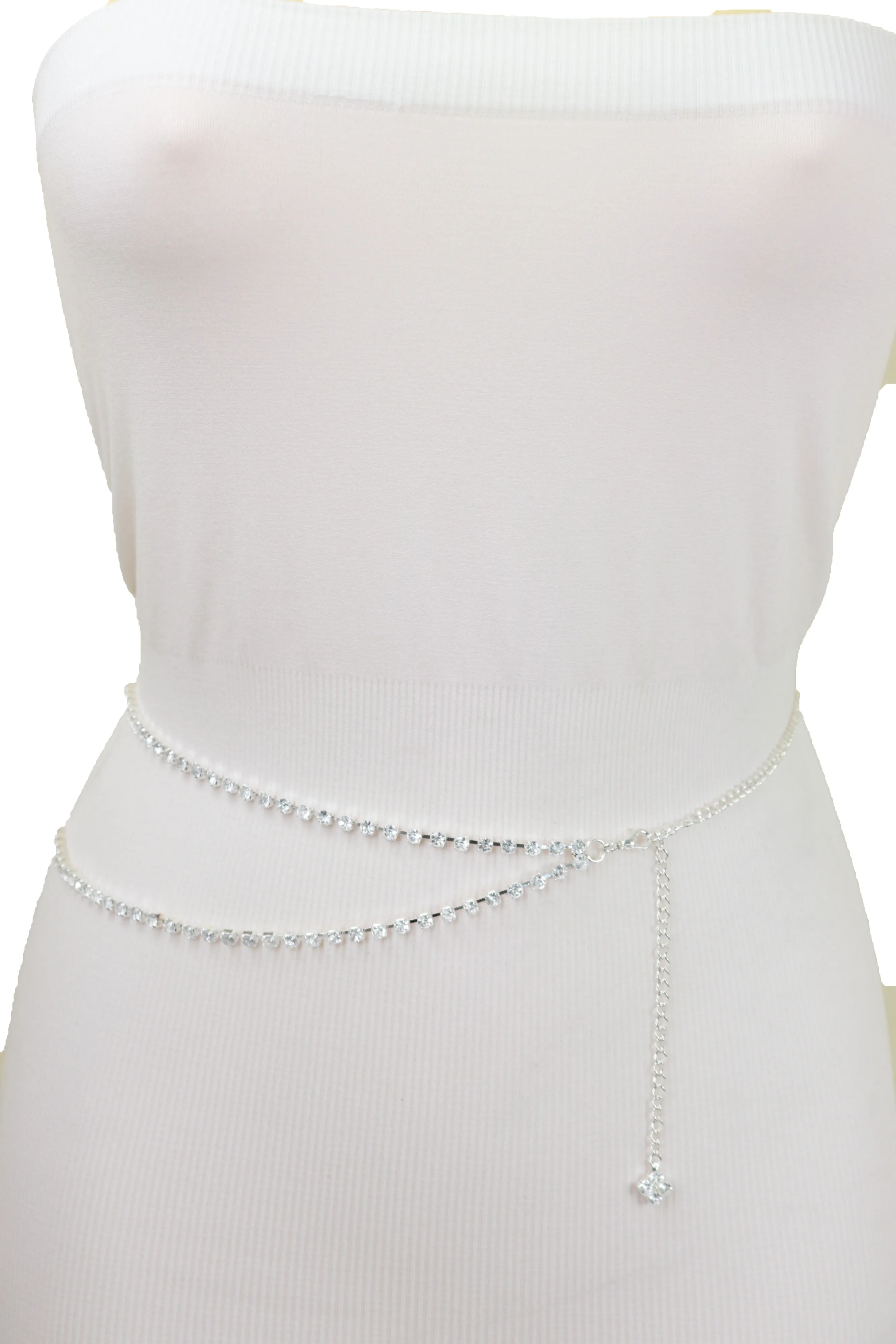 Brand New Women Silver Metal Chain Wave Rhinestones Belt Hip Waist Size XS S M