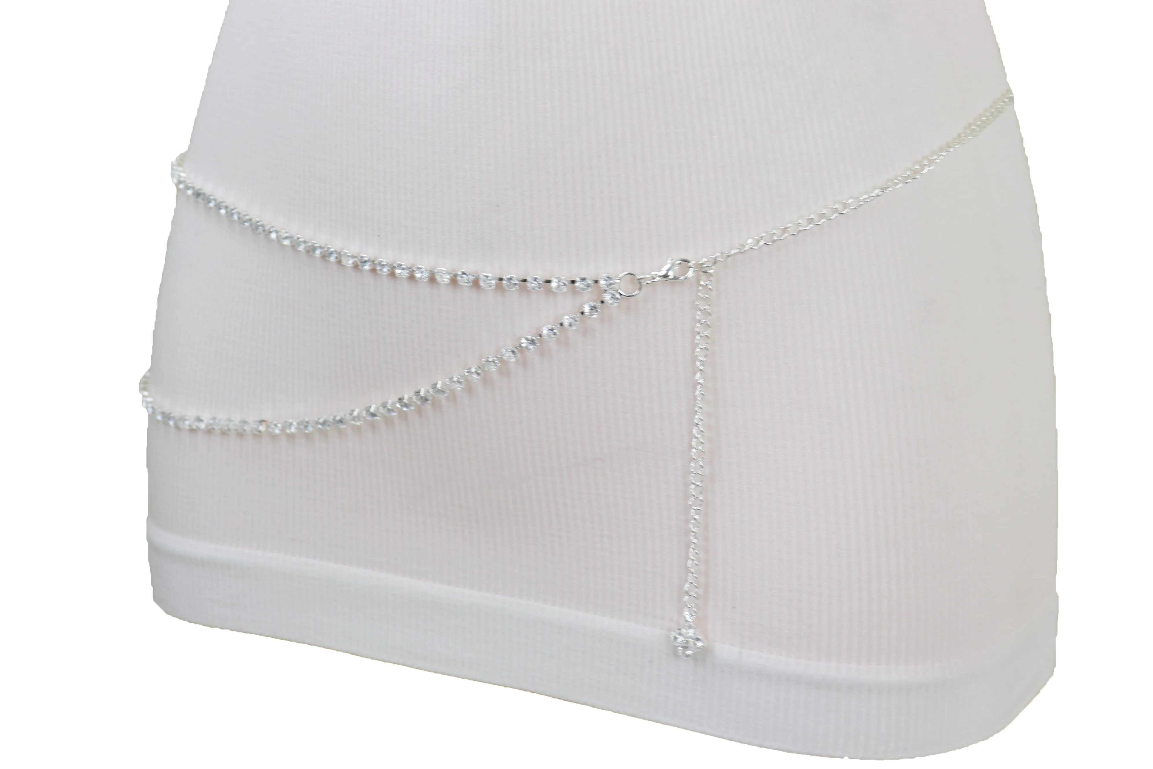 Brand New Women Silver Metal Chain Wave Rhinestones Belt Hip Waist Size XS S M
