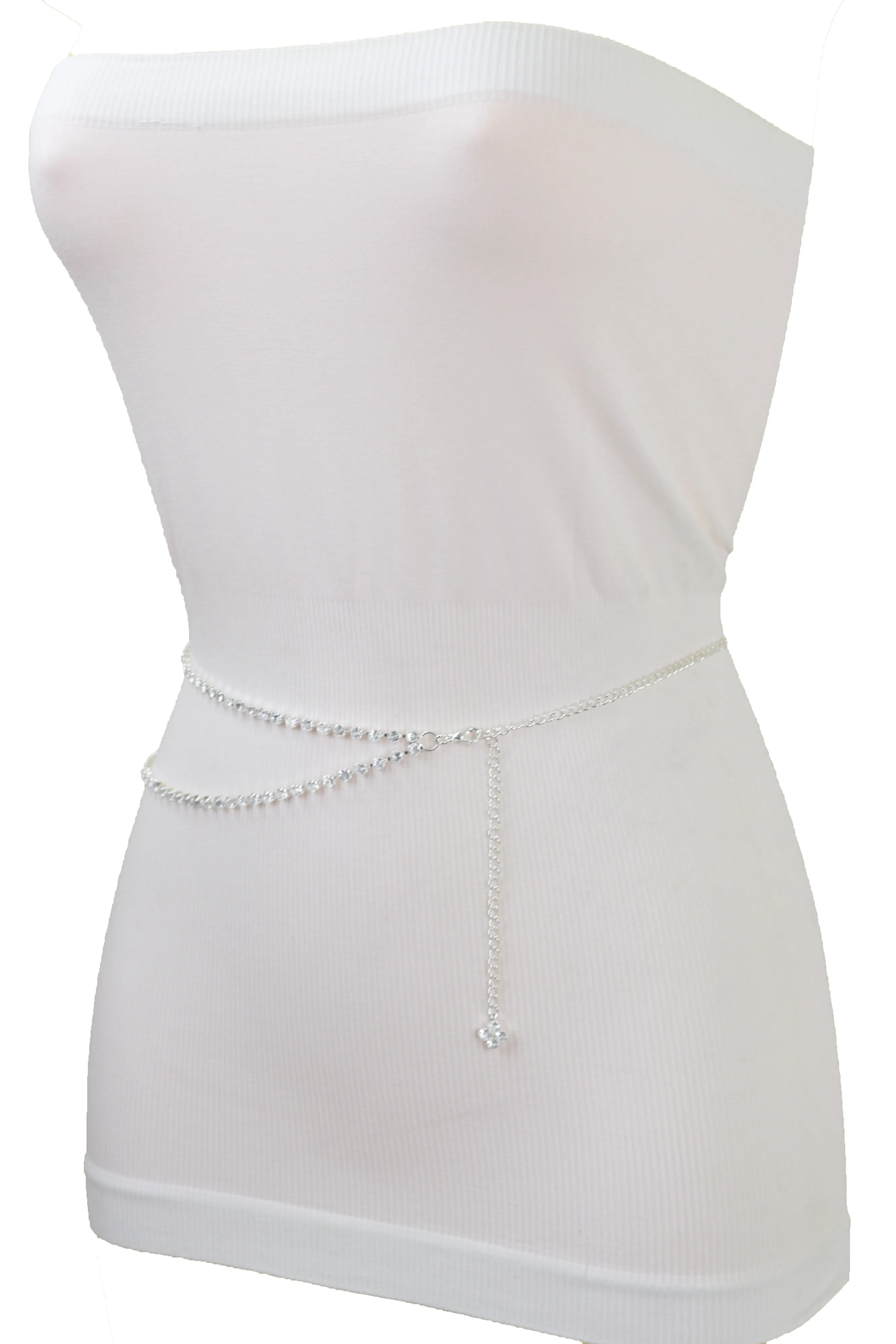 Brand New Women Silver Metal Chain Wave Rhinestones Belt Hip Waist Size XS S M
