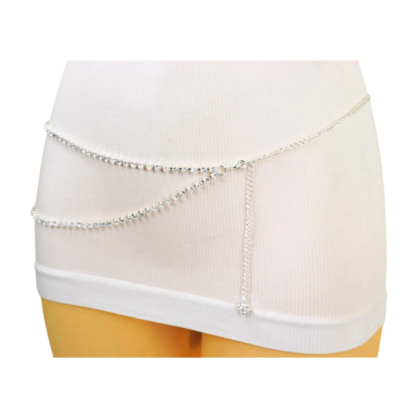Brand New Women Silver Metal Chain Wave Rhinestones Belt Hip Waist Size XS S M