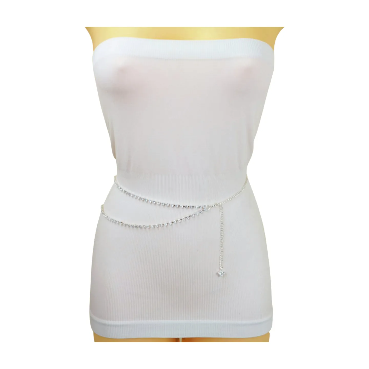 Brand New Women Silver Metal Chain Wave Rhinestones Belt Hip Waist Size XS S M