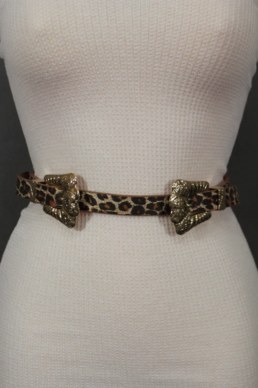 Brown Black Animal Print Faux Leather Belt Double Buckles S-M