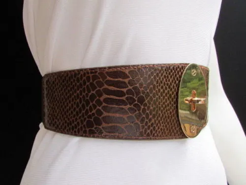 Brown Black Faux Leather Waist Hip Elastic Belt Big Gold Oval Buckle XS-M