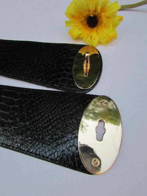 Brown Black Faux Leather Waist Hip Elastic Belt Big Gold Oval Buckle XS-M