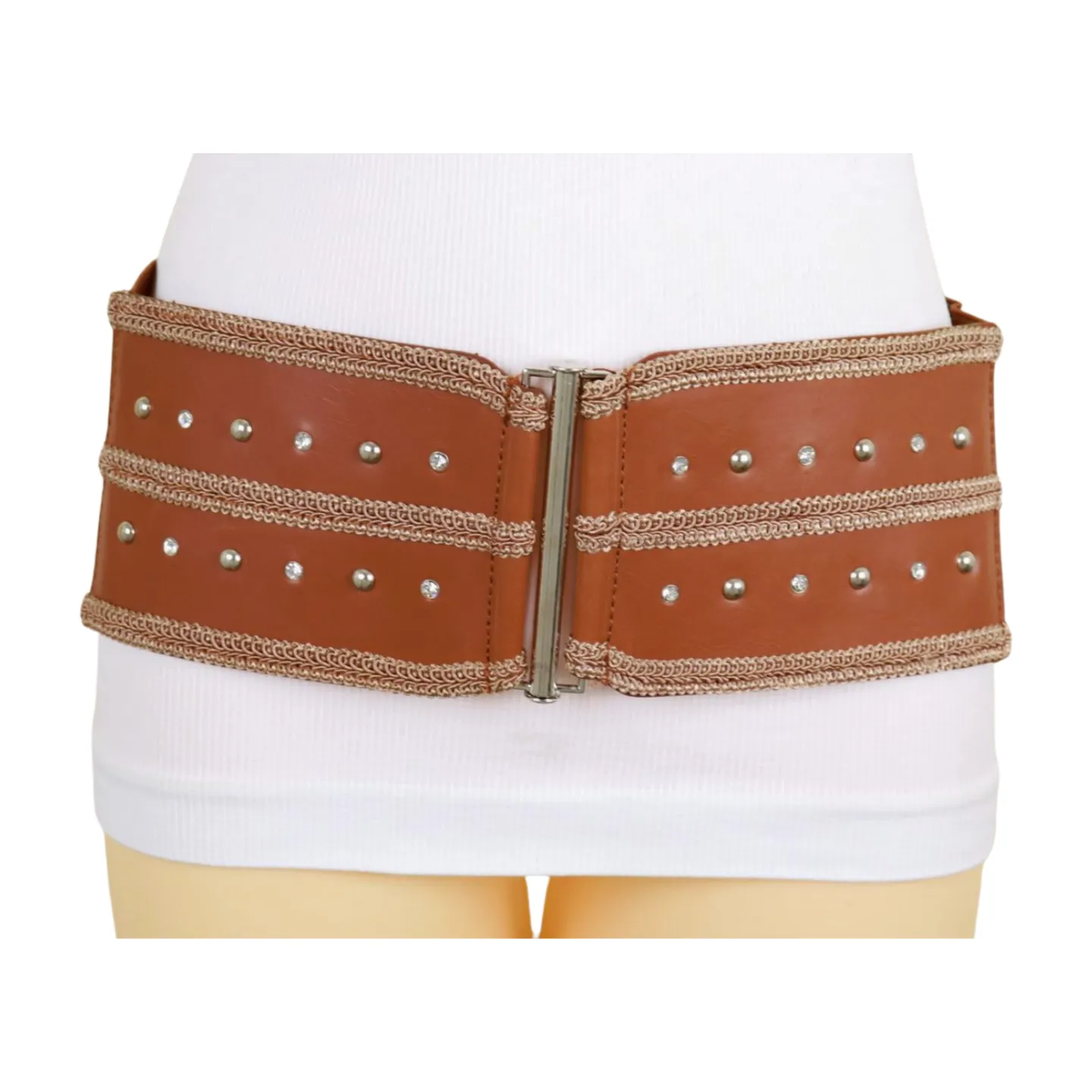 Brown Elastic Faux Leather Belt Silver Metal Studs Buckle S M