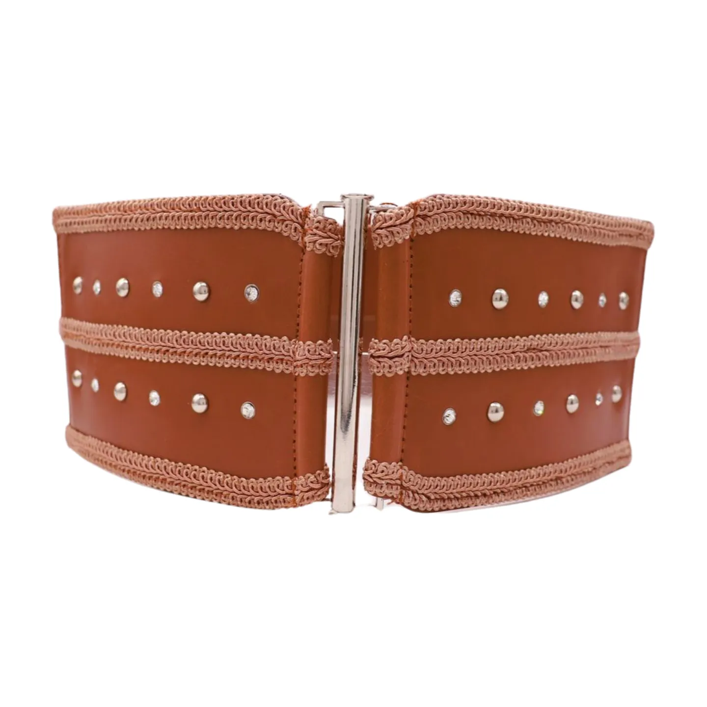 Brown Elastic Faux Leather Belt Silver Metal Studs Buckle S M