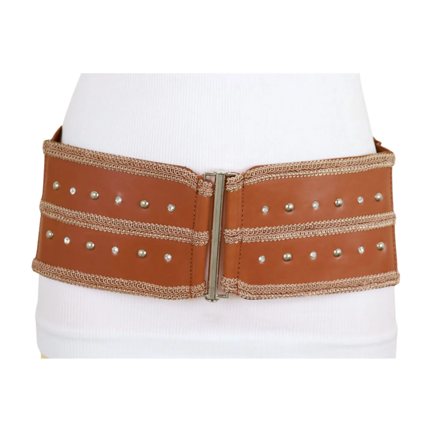 Brown Elastic Faux Leather Belt Silver Metal Studs Buckle S M