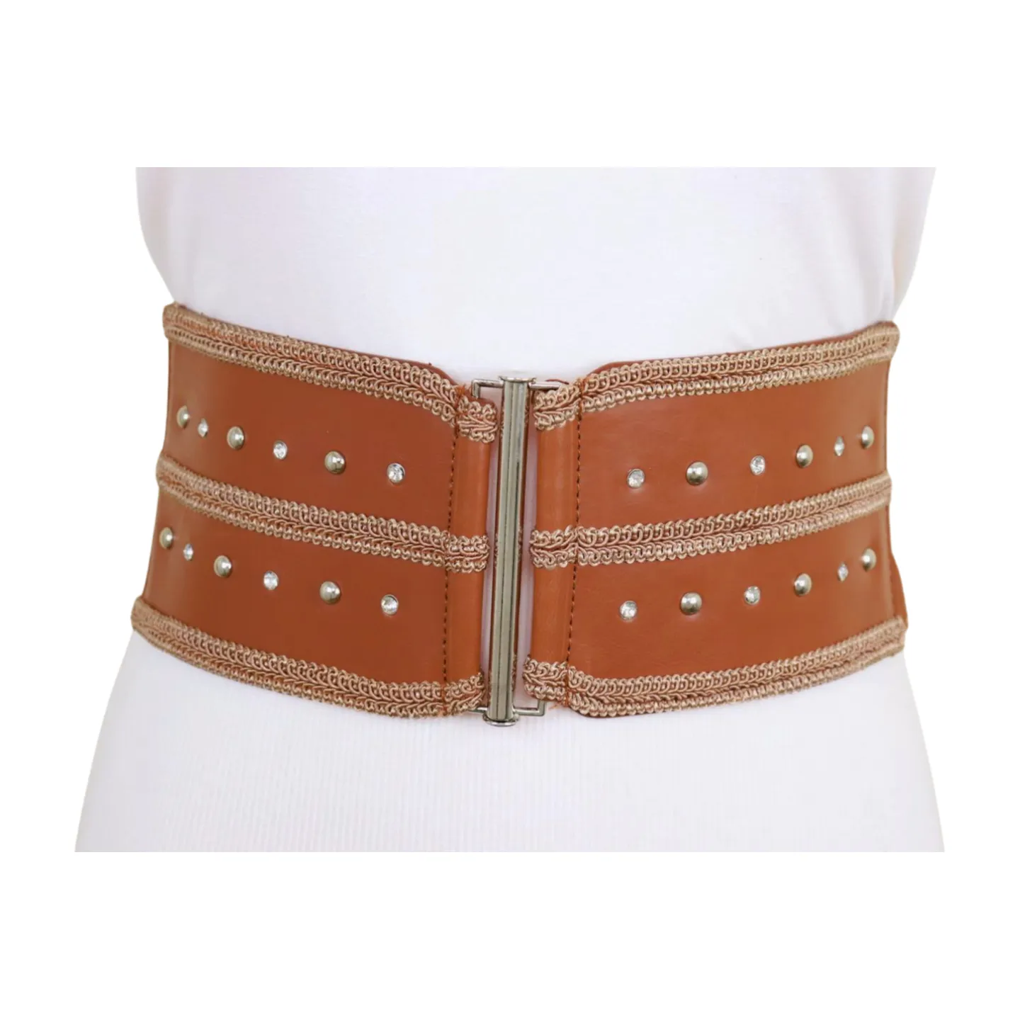 Brown Elastic Faux Leather Belt Silver Metal Studs Buckle S M