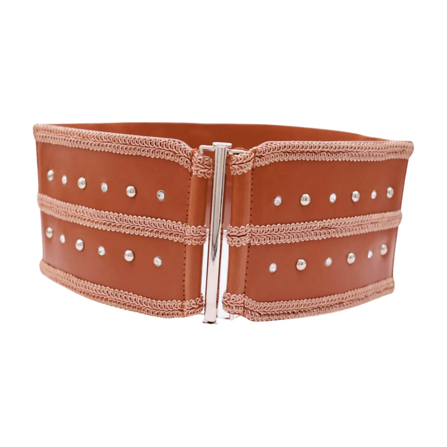 Brown Elastic Faux Leather Belt Silver Metal Studs Buckle S M