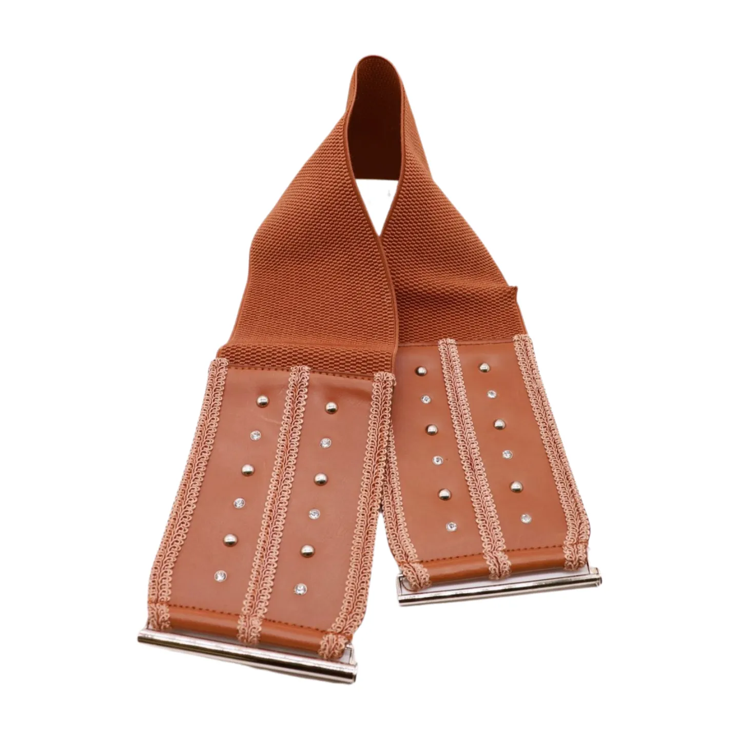 Brown Elastic Faux Leather Belt Silver Metal Studs Buckle S M