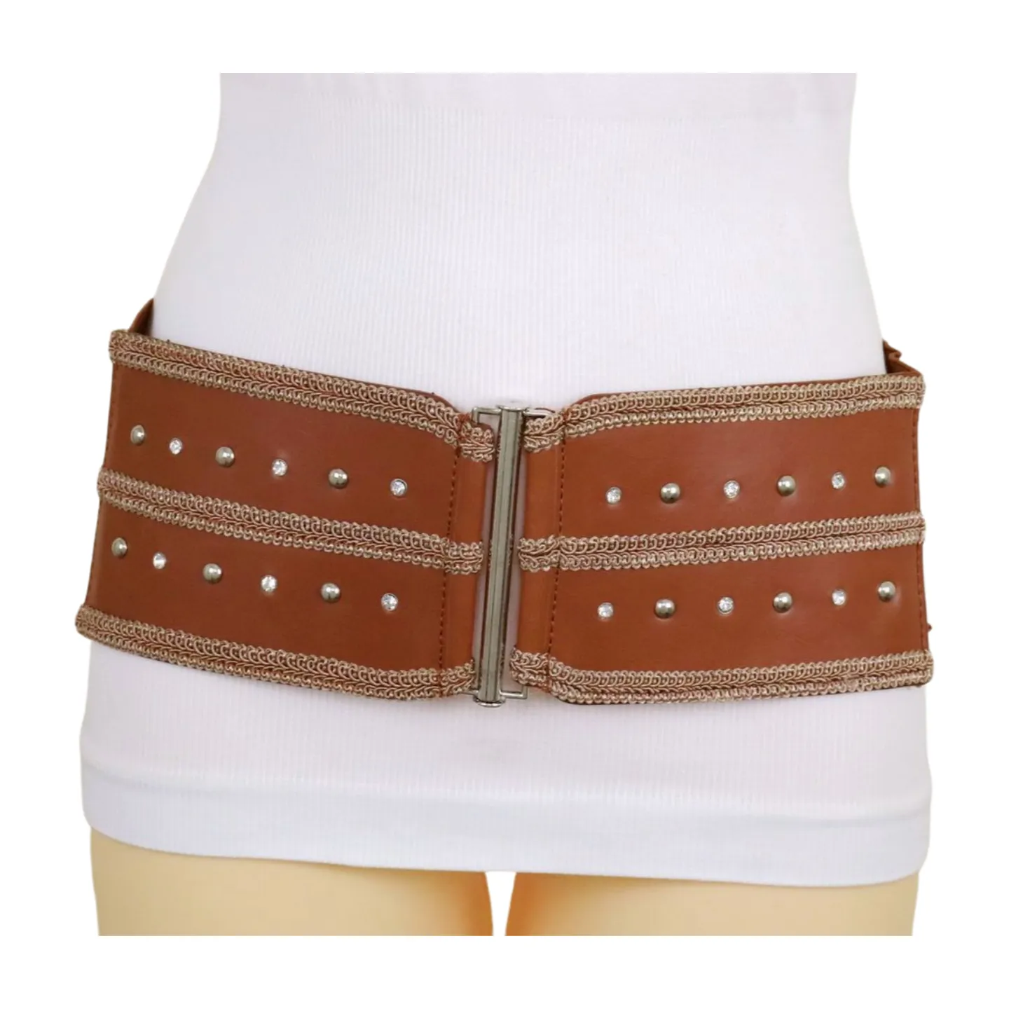 Brown Elastic Faux Leather Belt Silver Metal Studs Buckle S M
