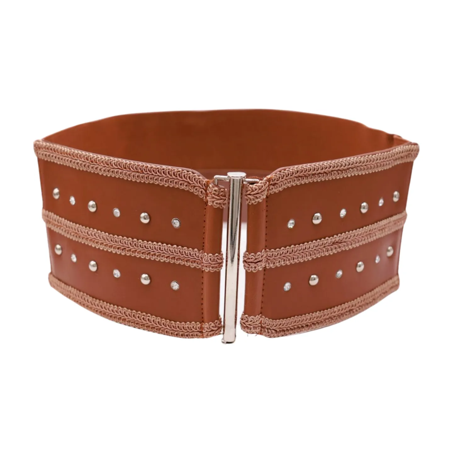 Brown Elastic Faux Leather Belt Silver Metal Studs Buckle S M