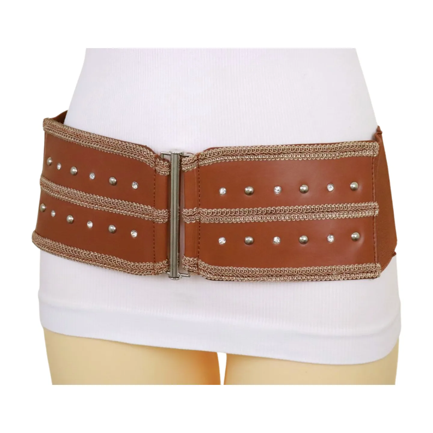 Brown Elastic Faux Leather Belt Silver Metal Studs Buckle S M