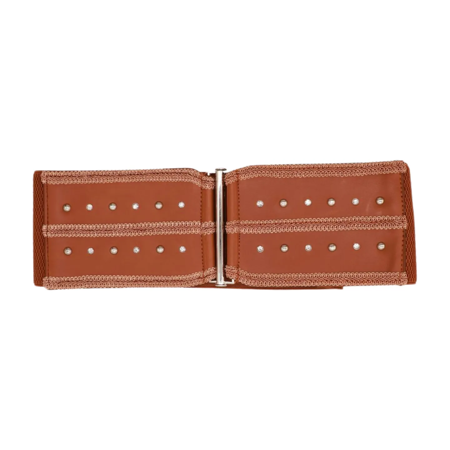 Brown Elastic Faux Leather Belt Silver Metal Studs Buckle S M