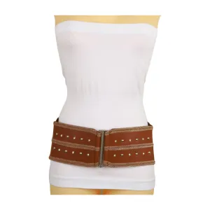 Brown Elastic Faux Leather Belt Silver Metal Studs Buckle S M