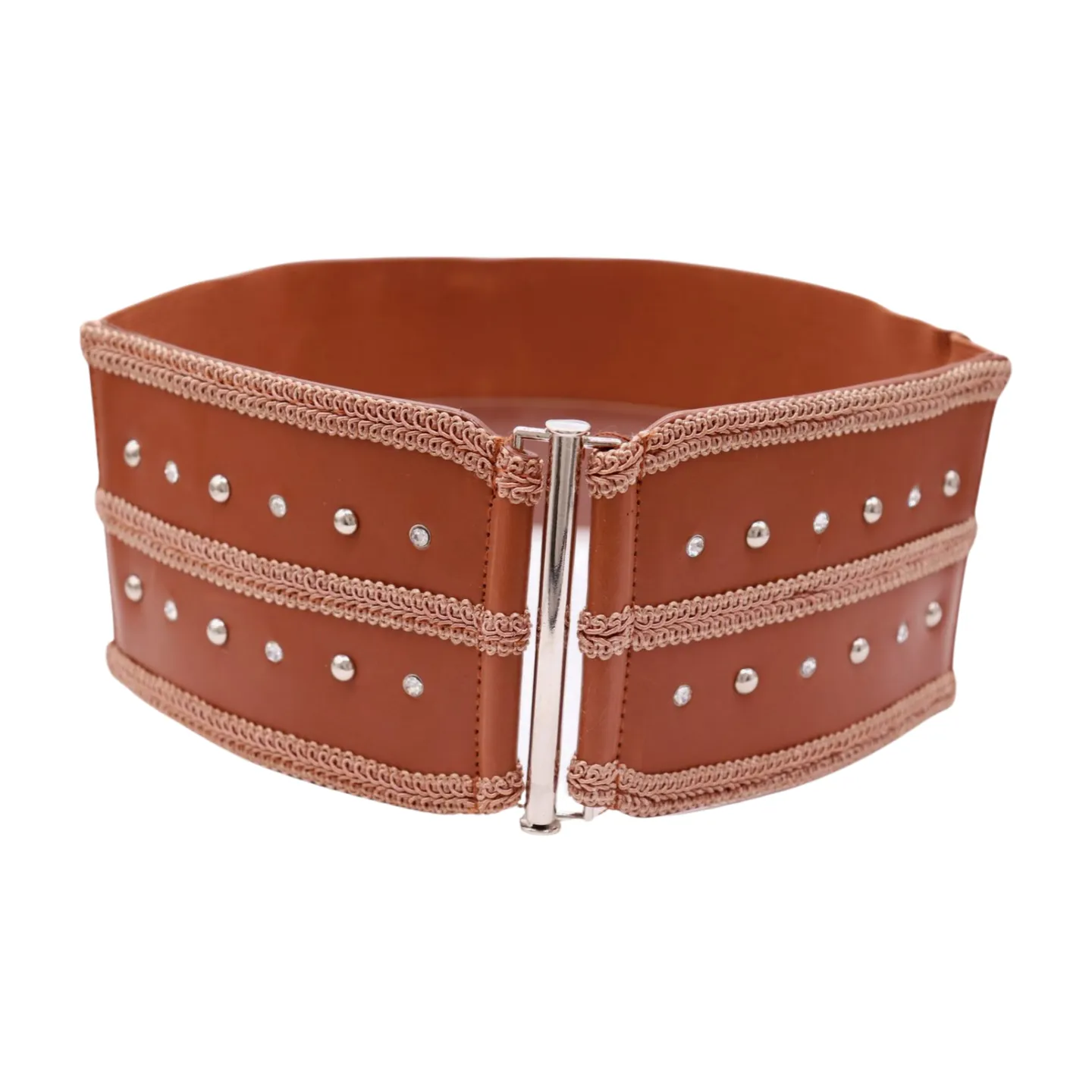 Brown Elastic Faux Leather Belt Silver Metal Studs Buckle S M