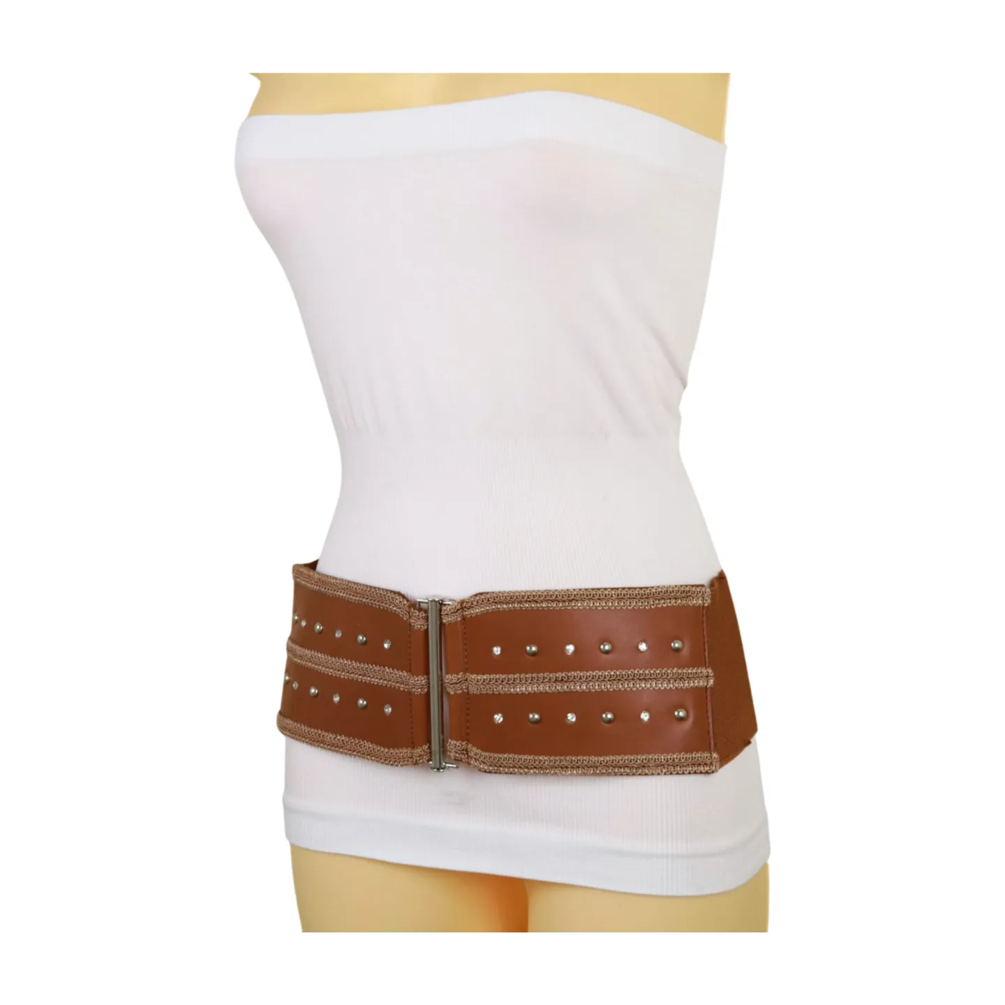 Brown Elastic Faux Leather Belt Silver Metal Studs Buckle S M