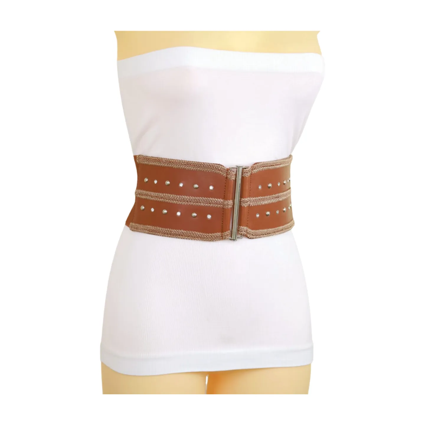 Brown Elastic Faux Leather Belt Silver Metal Studs Buckle S M