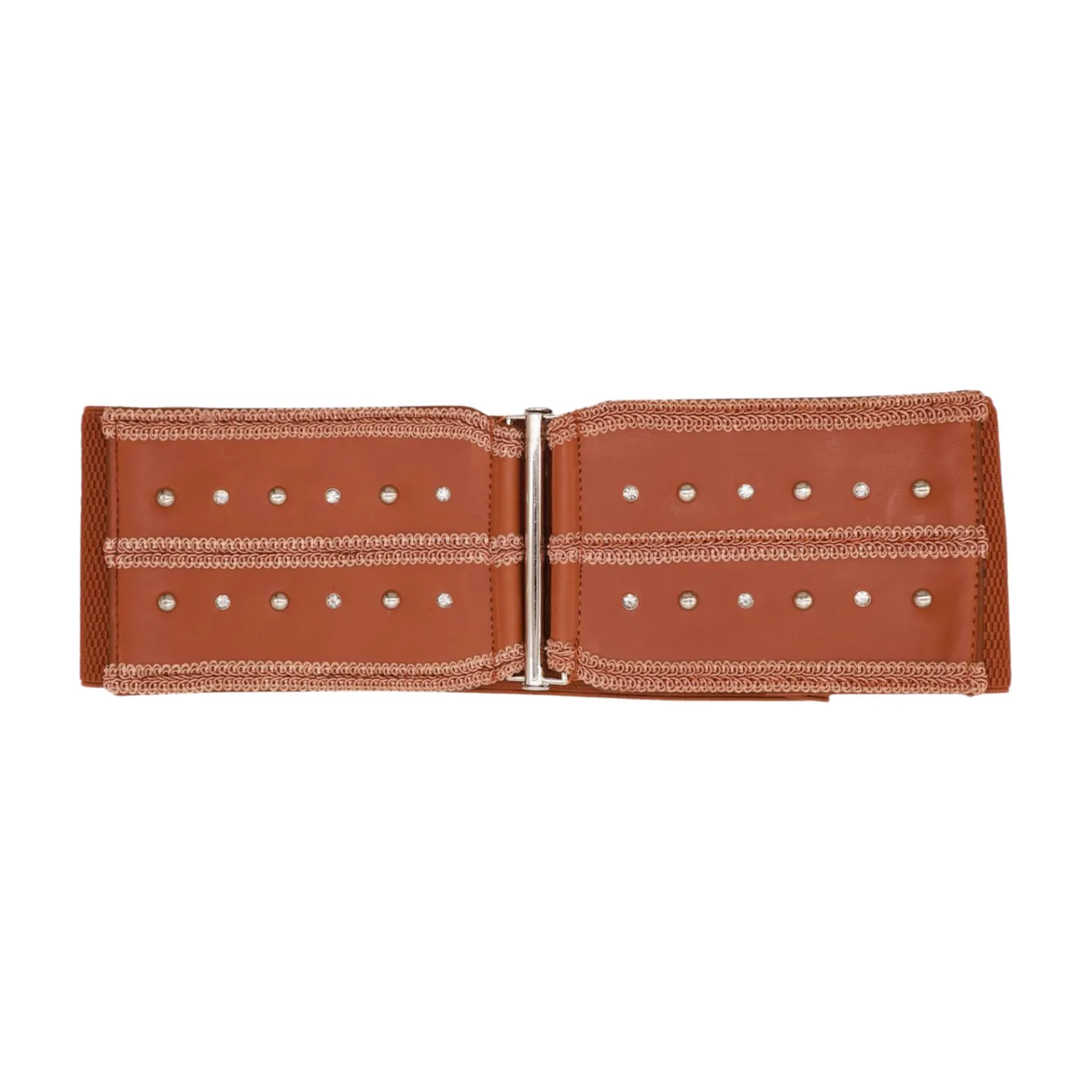 Brown Elastic Faux Leather Belt Silver Metal Studs Buckle S M