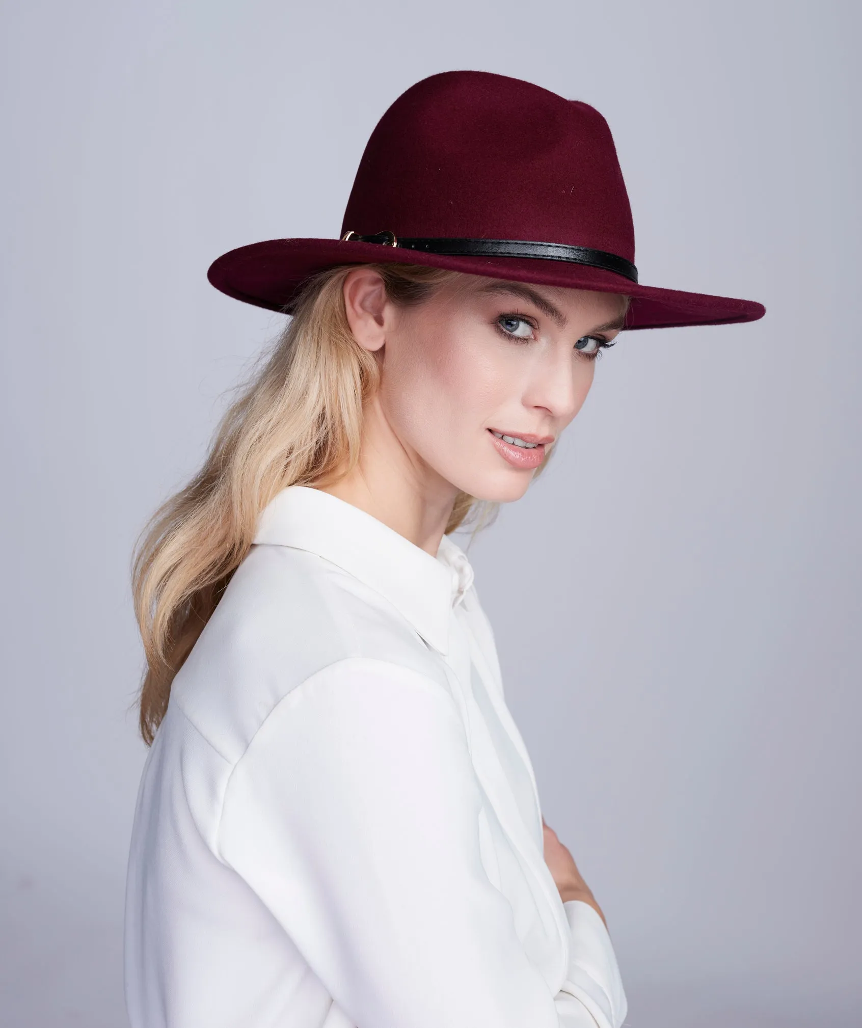 Burgundy Wool Fedora Hat with Faux Leather Belt Band