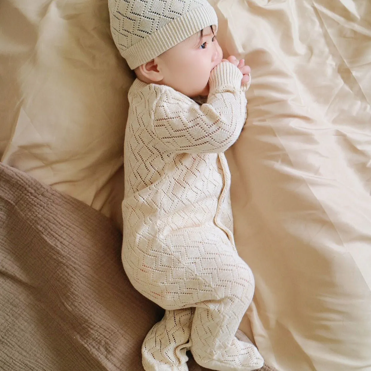 Cable Knit Organic Baby Footed Romper Knitted Hat Set