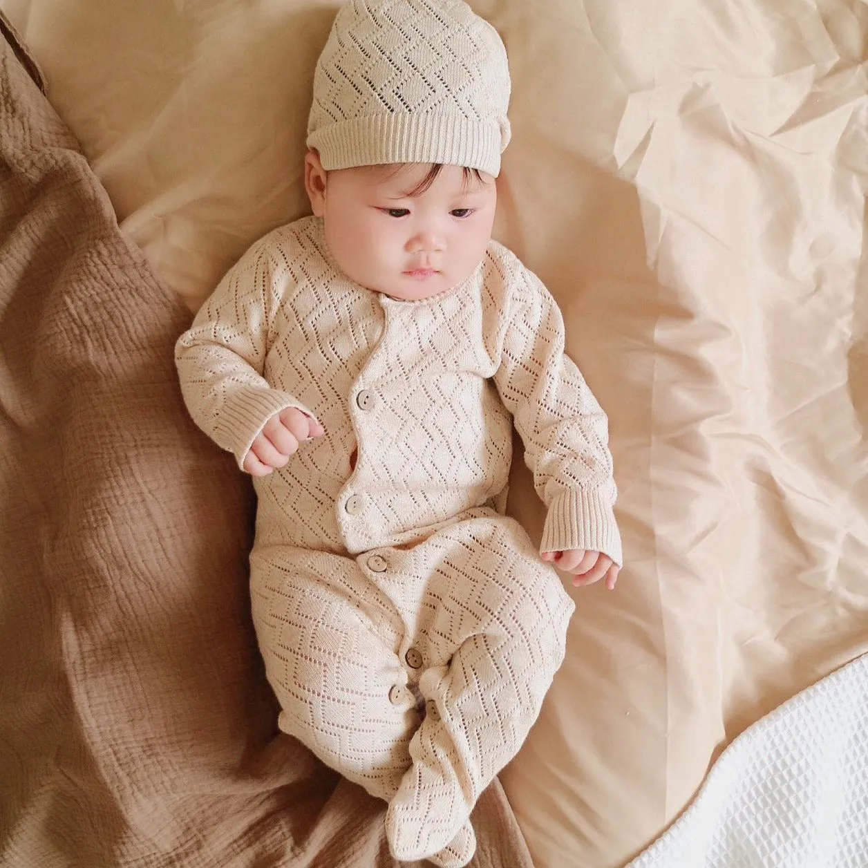 Cable Knit Organic Baby Footed Romper Knitted Hat Set