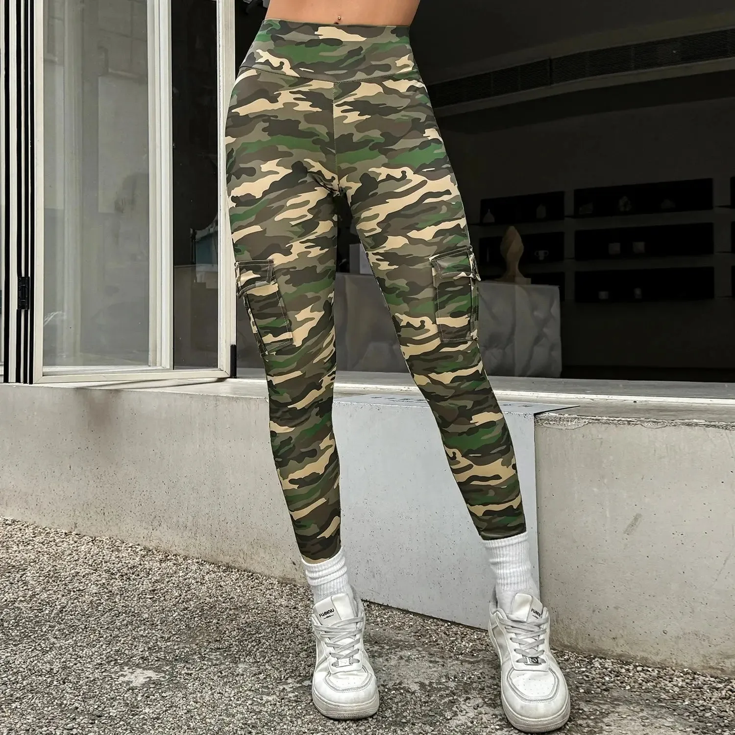Camouflage Printed Women Leggings with Pockets High Waist Butt Lifting Fitness Tights Elastic Slim Outdoors Jogging Workout Pant