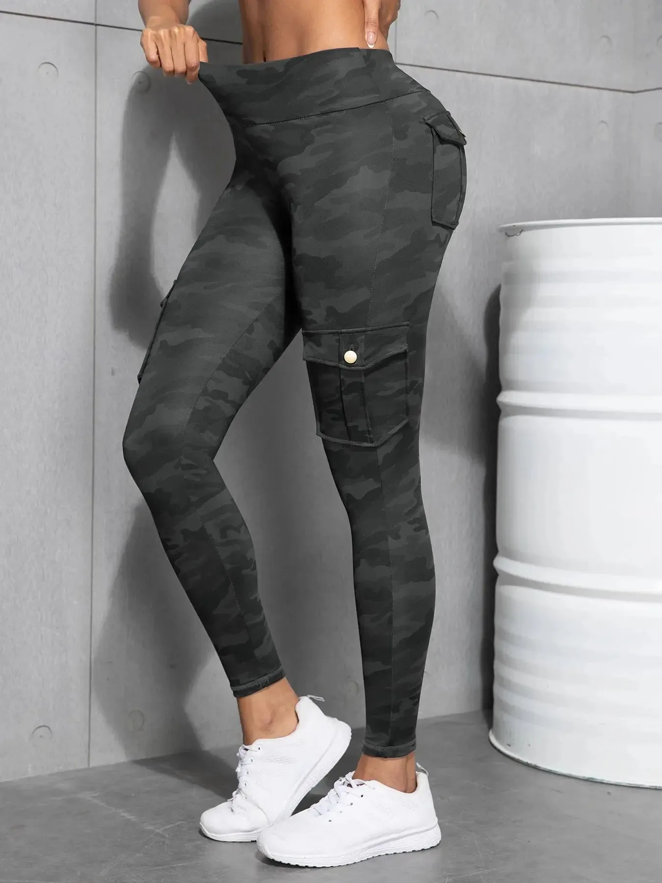 Camouflage Printed Women Leggings with Pockets High Waist Butt Lifting Fitness Tights Elastic Slim Outdoors Jogging Workout Pant