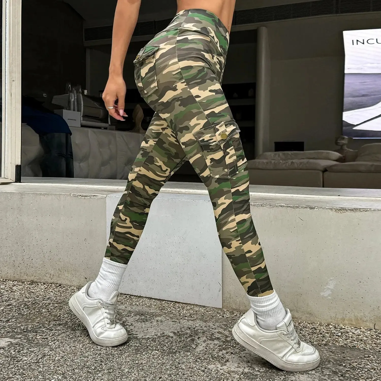 Camouflage Printed Women Leggings with Pockets High Waist Butt Lifting Fitness Tights Elastic Slim Outdoors Jogging Workout Pant