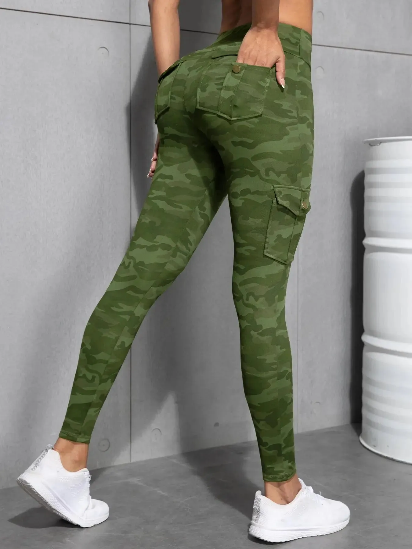 Camouflage Printed Women Leggings with Pockets High Waist Butt Lifting Fitness Tights Elastic Slim Outdoors Jogging Workout Pant