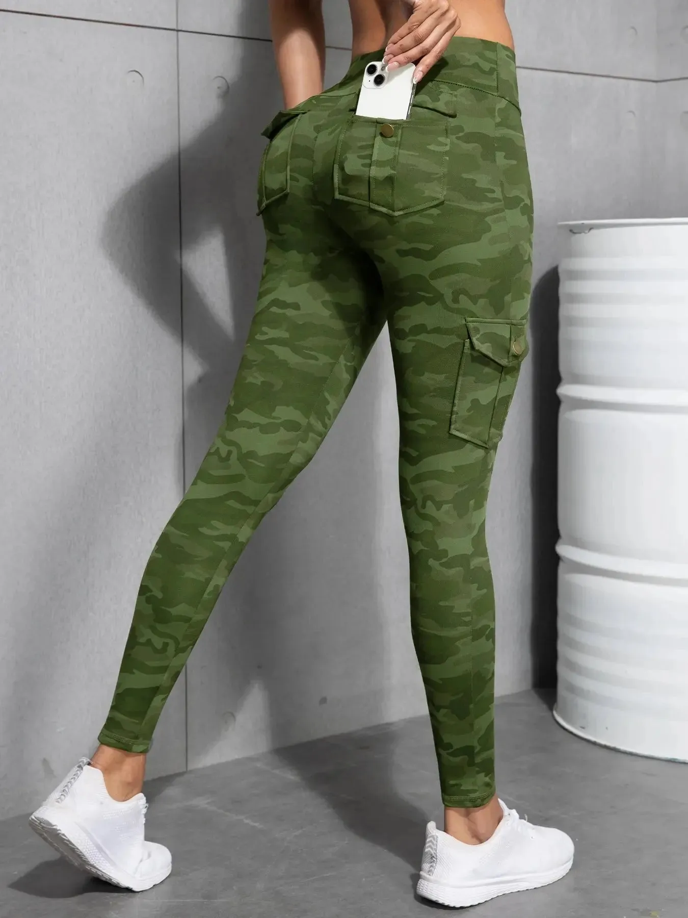 Camouflage Printed Women Leggings with Pockets High Waist Butt Lifting Fitness Tights Elastic Slim Outdoors Jogging Workout Pant